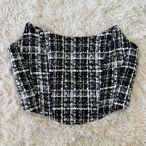 Line and Dot Black White Tweed Corset Top Strapless Zip Front Size M